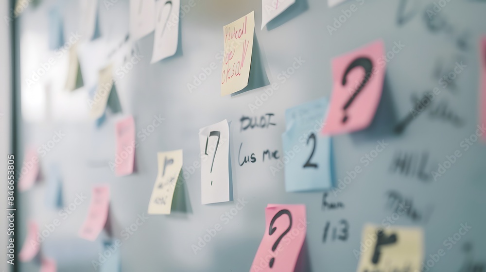Poster sticky notes with question marks and numbers on whiteboard for brainstorming or planning session