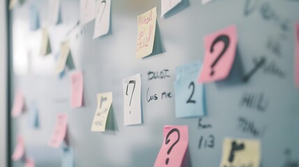 Sticky notes with question marks and numbers on whiteboard for brainstorming or planning session