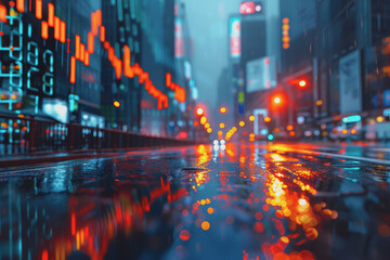 Obraz premium Financial chart graph shining in the city with business and blurred night scene in the background.