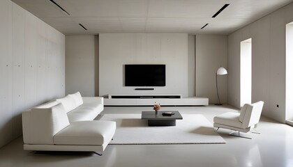 High end modern living room with white leather couch and a large flat screen tv mounted on the wall, brutalist architecture mixed with modern futuristic minimal design