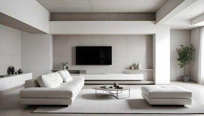 Fototapeta premium High end modern living room with white leather couch and a large flat screen tv mounted on the wall, brutalist architecture mixed with modern futuristic minimal design