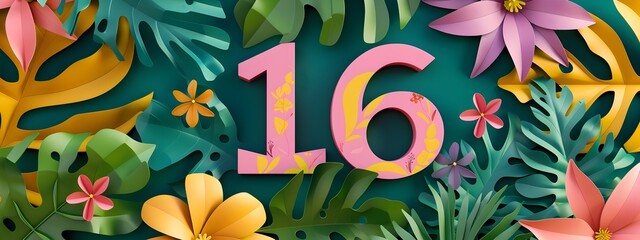 Minimal Paper Cut Style of Celebratory Number  16  with Floral Accents on Vivid Background