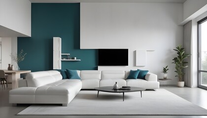 High end modern living room with white leather couch and a large flat screen tv mounted on the wall, brutalist architecture mixed with modern futuristic minimal design