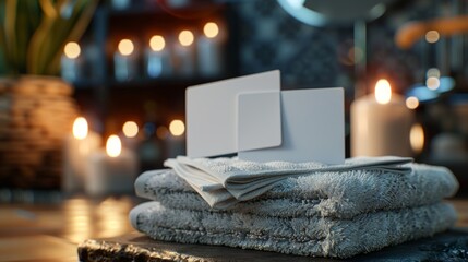 Tranquil Spa Ambiance Blank Business Cards Resting on Luxurious Towels Surrounded by Aromatic Candles