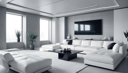 Fototapeta premium High end modern living room with white leather couch and a large flat screen tv mounted on the wall, brutalist architecture mixed with modern futuristic minimal design