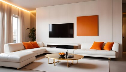 High end modern living room with white leather couch and a large flat screen tv mounted on the wall, brutalist architecture mixed with modern futuristic minimal design
