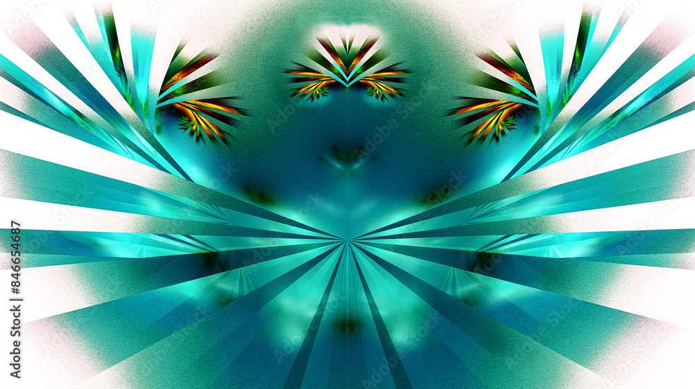 Poster a symmetrical abstract pattern with yellow tassels-inflorescences and turquoise luminous leaves-rays