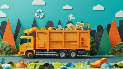 Minimal Paper Cut Style of Recycling Truck Collecting Sorted Recyclables from the Curb