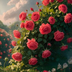 A captivating, cinematic illustration of a lush green rose bush teeming with vibrant red roses in full bloom. The roses are intricatelydetailed, with delicate stamens and an alluring aroma that fills 