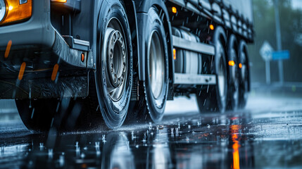 Fototapeta premium Close up of truck chassis and wheels on a rainy road emphasizing safety tire grip on wet surfaces and shorter braking distances