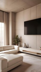 Fototapeta premium High end modern living room with white leather couch and a large flat screen tv mounted on the wall, brutalist architecture mixed with modern futuristic minimal design