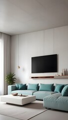 High end modern living room with white leather couch and a large flat screen tv mounted on the wall, brutalist architecture mixed with modern futuristic minimal design