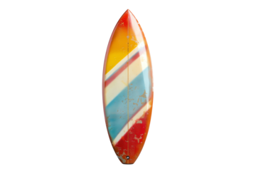 Colorful vintage surfboard with retro design featuring various diagonal stripes, isolated on white background, perfect for surfing enthusiasts.
