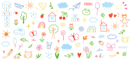 Children's drawings drawn in doodle style. Simple cute illustration isolated on white background.