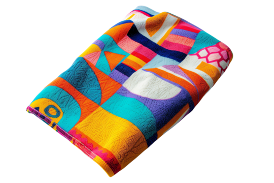 Colorful patterned blanket folded neatly. Vibrant hues and geometric design make it a stylish and cozy accessory for any decor.