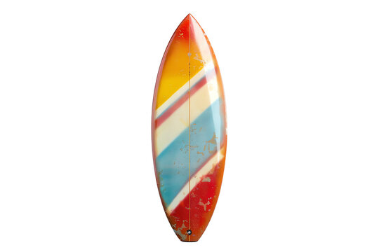 Colorful vintage surfboard with retro design featuring various diagonal stripes, isolated on white background, perfect for surfing enthusiasts.