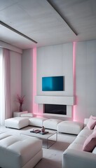 High end modern living room with white leather couch and a large flat screen tv mounted on the wall, brutalist architecture mixed with modern futuristic minimal design