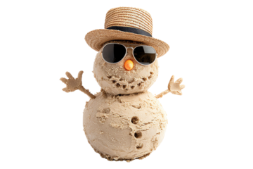 Quirky sand snowman wearing sunglasses and hat, bringing a fun summer twist to the traditional winter figure. Perfect for holiday themes.