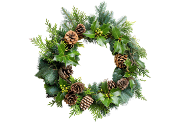 Holiday wreath made of green foliage, pine cones, and berries, perfect for seasonal decoration or festive occasions.