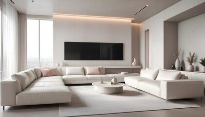 High end modern living room with white leather couch and a large flat screen tv mounted on the wall, brutalist architecture mixed with modern futuristic minimal design