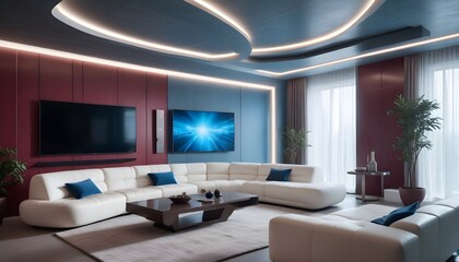 High end modern living room with white leather couch and a large flat screen tv mounted on the wall, brutalist architecture mixed with modern futuristic minimal design