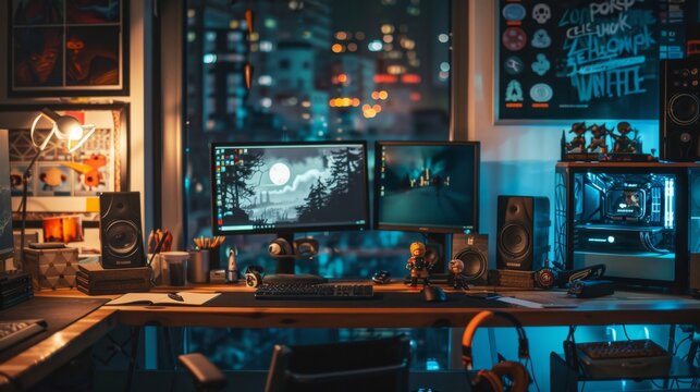 Creative Haven Indie Game Developer's Cozy Workspace with Blank Business Cards Game Art Code on Screens and Action Figures Inspiring and Productive Environment for Designing Unique Games
