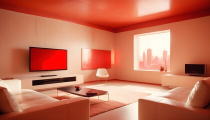 High end modern living room with white leather couch and a large flat screen tv mounted on the wall, brutalist architecture mixed with modern futuristic minimal design