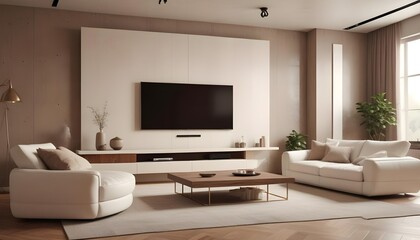 Fototapeta premium High end modern living room with white leather couch and a large flat screen tv mounted on the wall, brutalist architecture mixed with modern futuristic minimal design
