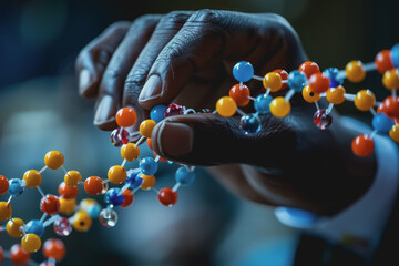 Scientist doctor hand touches virtual molecular structure in the lab.