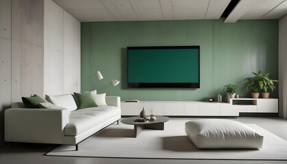 High end modern living room with white leather couch and a large flat screen tv mounted on the wall, brutalist architecture mixed with modern futuristic minimal design