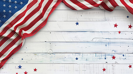 Elegant white wooden background adorned with an American flag, capturing the pride and celebration of America's July 4th national holiday. 