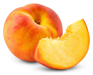 Peach isolated png. Peach with a slice on transparent background. PNG format. Peaches with no background. Full depth of field.
