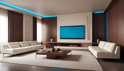 High end modern living room with white leather couch and a large flat screen tv mounted on the wall, brutalist architecture mixed with modern futuristic minimal design