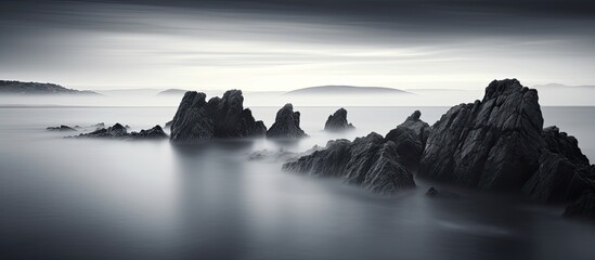 Fototapeta premium Nature composition of a black and white seascape captured in a long exposure with copy space image.
