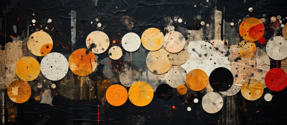 Poster Old torn paper pieces and round stickers on a black background create an urban poster texture with high-quality distressed elements for a mixed media collage, with copy space image.