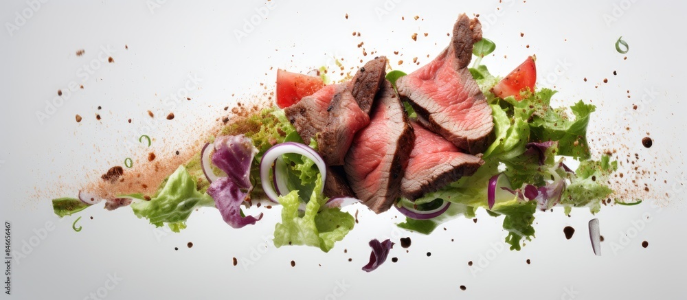 Poster sliced beefsteak with falling salad ingredients on a white backdrop, showcasing a food packaging con