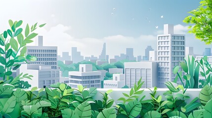 Minimalist Paper Cut Style Urban Rooftop Garden