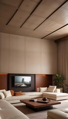 Fototapeta premium High end modern living room with white leather couch and a large flat screen tv mounted on the wall, brutalist architecture mixed with modern futuristic minimal design