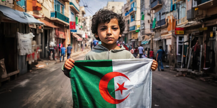 An algerian boy proudly holding Algeria's flag in Alger street