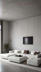 High end modern living room with white leather couch and a large flat screen tv mounted on the wall, brutalist architecture mixed with modern futuristic minimal design