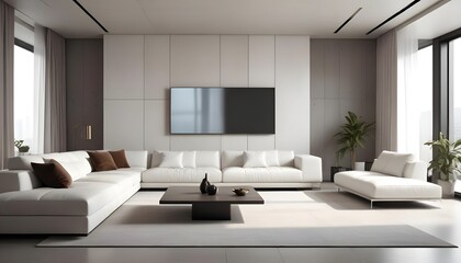 High end modern living room with white leather couch and a large flat screen tv mounted on the wall, brutalist architecture mixed with modern futuristic minimal design