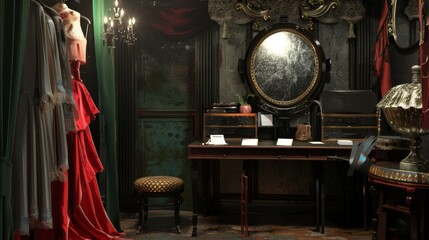 Enchanting Opera Singer's Sanctuary Elegant Costumes Makeup Mirror and Business Cards in Dramatic Dressing Room Setting