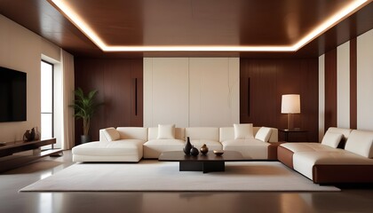 Fototapeta premium High end modern living room with white leather couch and a large flat screen tv mounted on the wall, brutalist architecture mixed with modern futuristic minimal design