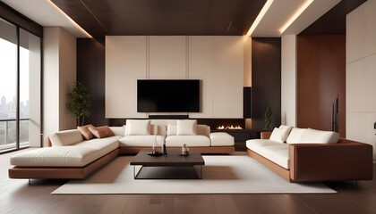 High end modern living room with white leather couch and a large flat screen tv mounted on the wall, brutalist architecture mixed with modern futuristic minimal design