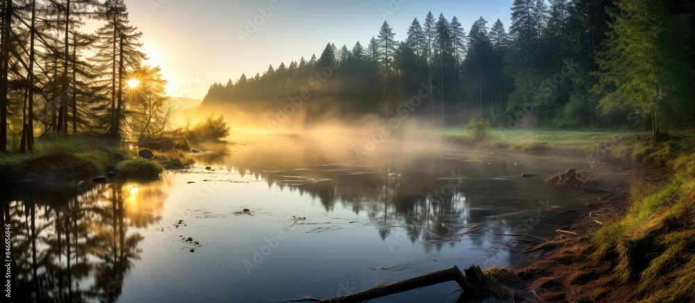 Poster a charming scene of a forest river at sunrise with mist and reflections, creating a serene spring la