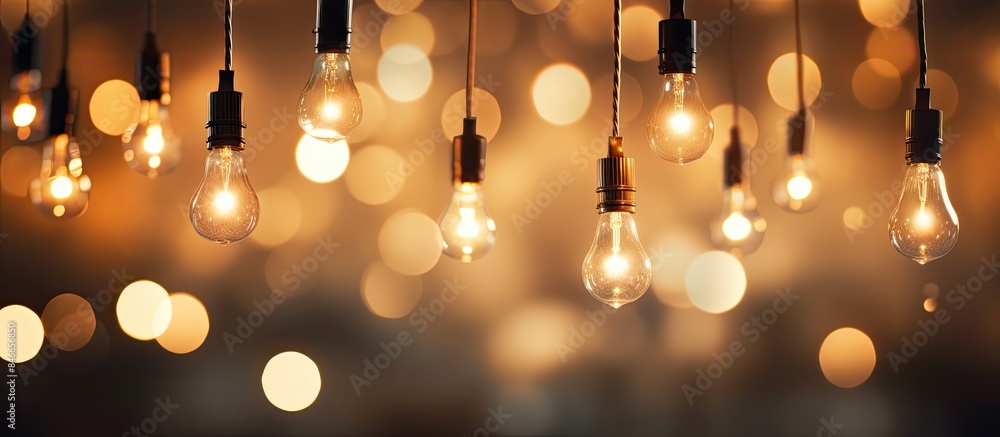 Poster A stunning display of light bulbs hanging, emitting a beautiful bokeh effect, creating a captivating visual with copy space image.