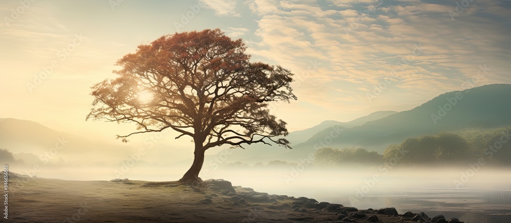 Poster a tree is shown with intricate details in the misty morning, creating a serene copy space image.