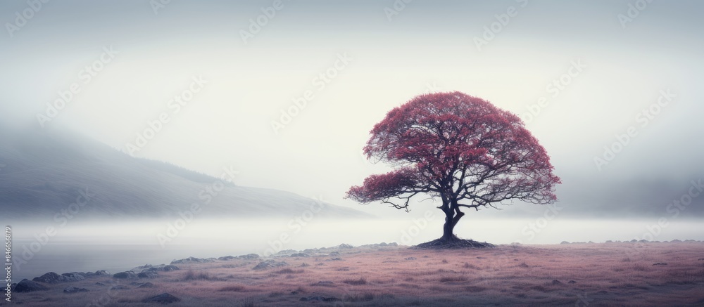 Aufkleber a tree is shown with intricate details in the misty morning, creating a serene copy space image.