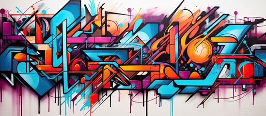 Abstract street art with a modern urban aesthetic, featuring colorful graffiti on a wall creating a vibrant background for a copy space image.