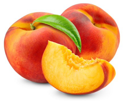 Peach isolated png. Two peaches with a slice on transparent background. PNG format. Peach with leaf no background. Full depth of field.